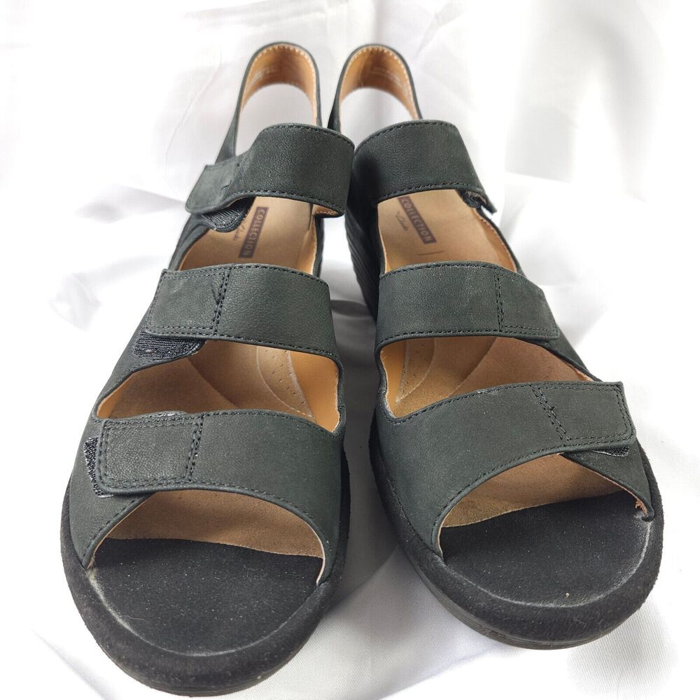 Clarks Reedly Juno Black Leather Wedge Sandals Comfort‎ Sandals Women 9M UK6.5